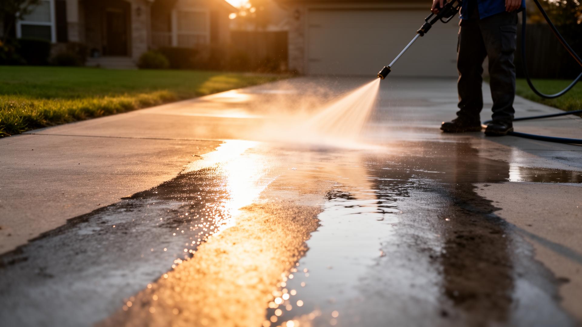 Pressure washing a residential driveway, revealing a clean stripe