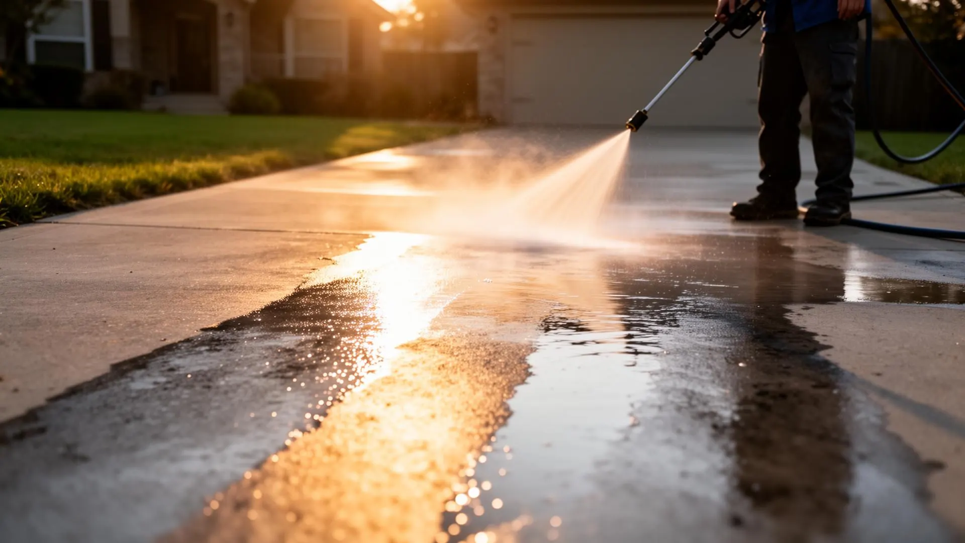 Power washing a residential driveway in Vaughan, revealing a clean stripe